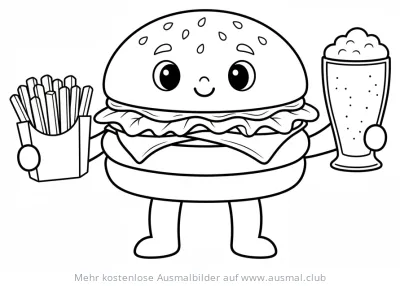 Hamburger mit Pommes und Milchshake Ausmalbild