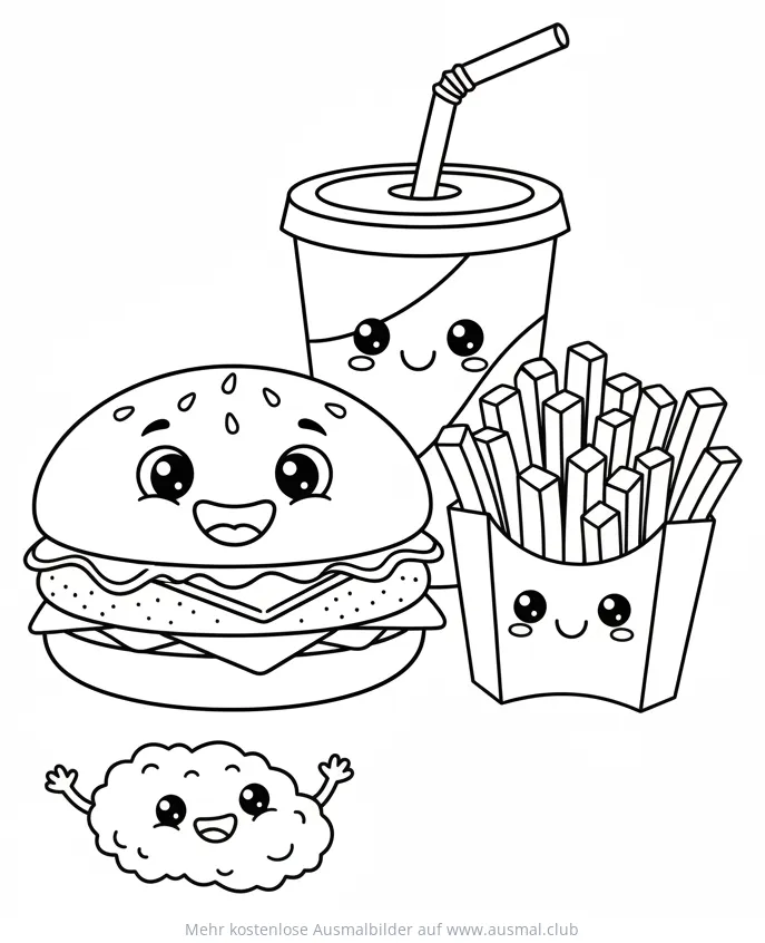 Burger, Pommes, Getränk und Chicken Nuggets Ausmalbild