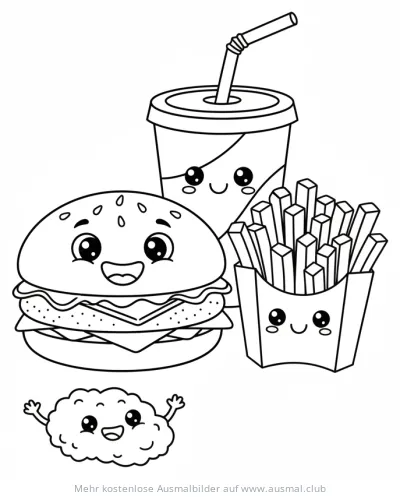 Burger, Pommes, Getränk und Chicken Nuggets Ausmalbild