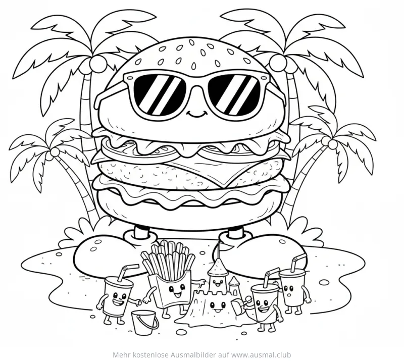 Burger mit Sonnenbrille am Strand mit Pommes und Getränken Ausmalbild