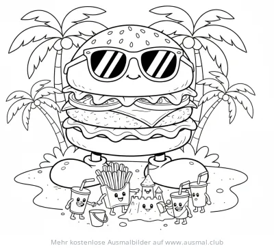 Burger mit Sonnenbrille am Strand mit Pommes und Getränken Ausmalbild