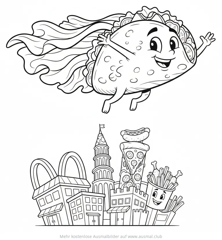 Taco Superheld fliegt über Fast-Food-Stadt Ausmalbild