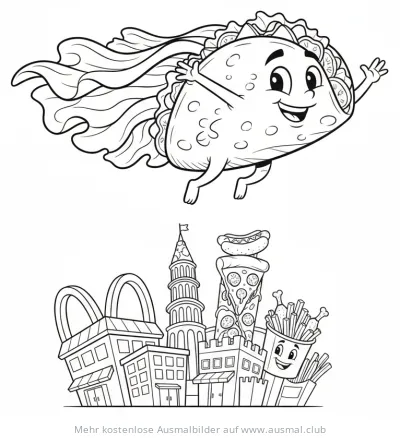 Taco Superheld fliegt über Fast-Food-Stadt Ausmalbild