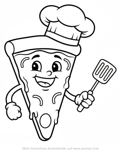 Lächelndes Pizza Stück mit Kochmütze Ausmalbild