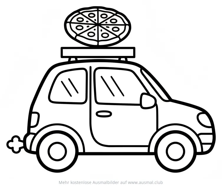 Pizzaauto Ausmalbild mit Pizza auf dem Dach