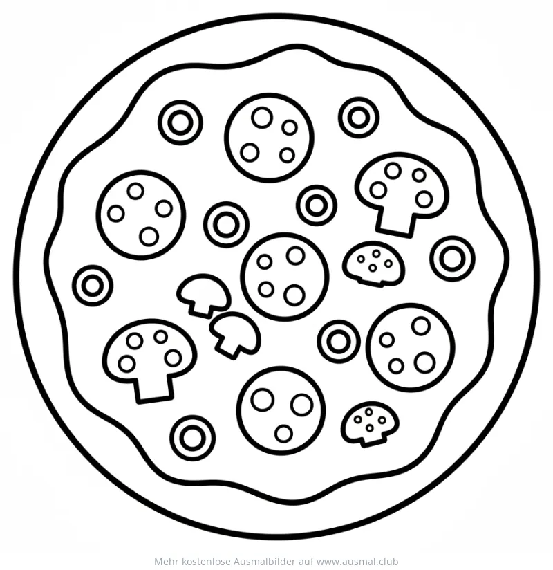 Pizza Ausmalbild mit Salami und Pilzen