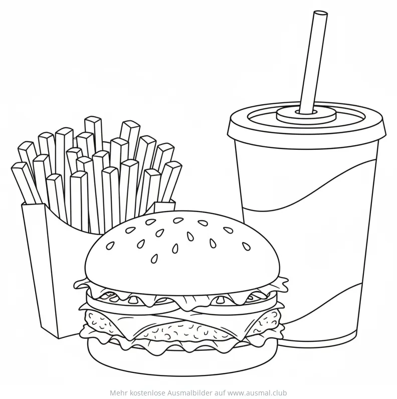 Hamburger, Pommes und Getränk Ausmalbild
