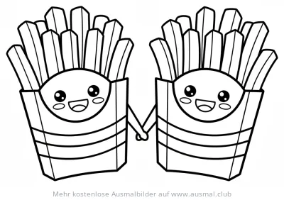 Zwei Pommestüten mit Gesicht halten Händchen Ausmalbild