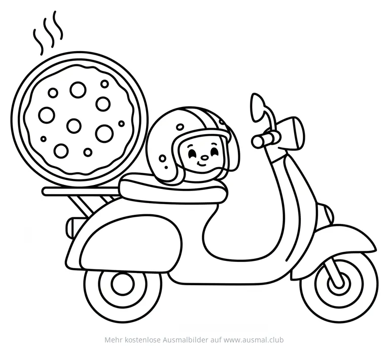 Pizzaroller Ausmalbild mit Fahrer und dampfender Pizza
