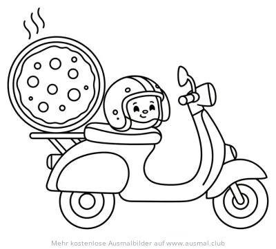 Pizzaroller Ausmalbild mit Fahrer und dampfender Pizza