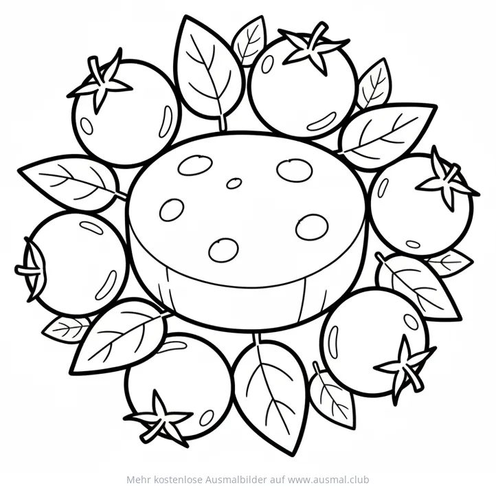 Pizza Zutaten: Tomaten, Basilikum und Käse Ausmalbild