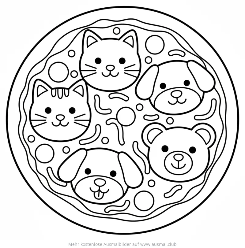 Tier Pizza Ausmalbild mit Katzen, Hunden und Teddybär