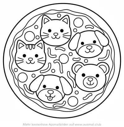 Tier Pizza Ausmalbild mit Katzen, Hunden und Teddybär