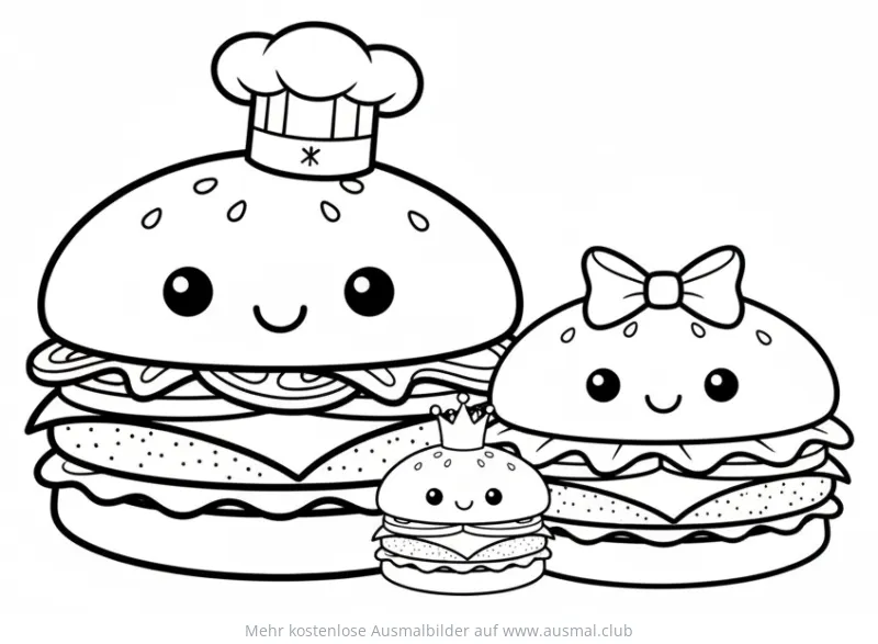 Burger Familie Ausmalbild mit Kochmütze, Schleife und Krone