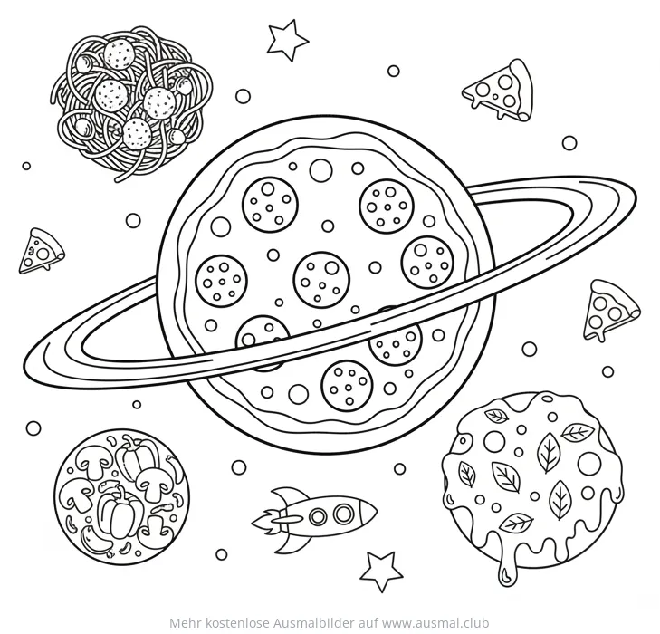Pizza Planet Ausmalbild mit Planeten, Pizza-Stücken, Spaghetti und Rakete