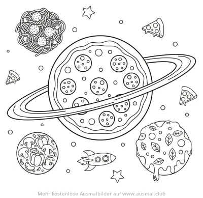 Pizza Planet Ausmalbild mit Planeten, Pizza-Stücken, Spaghetti und Rakete