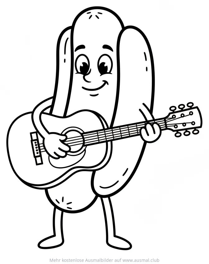 Cartoon Hotdog mit Gitarre Ausmalbild