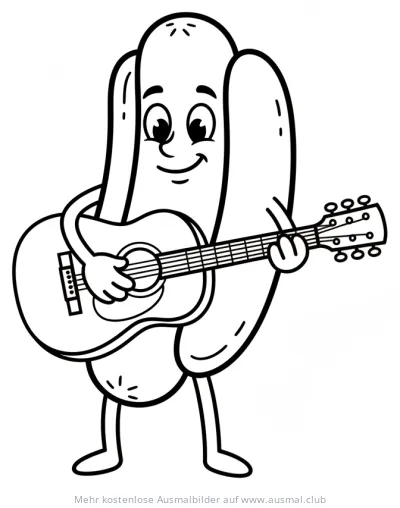 Cartoon Hotdog mit Gitarre Ausmalbild
