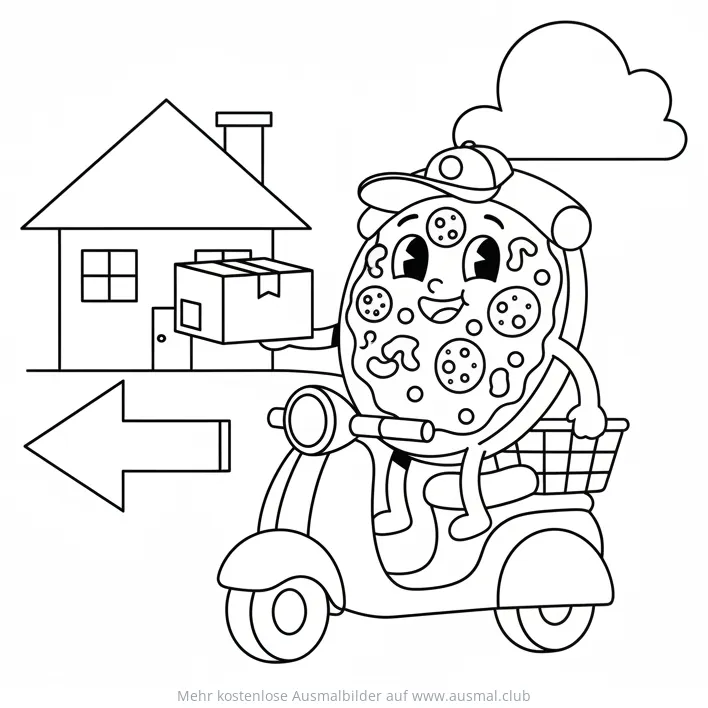 Pizza Auslieferung mit Roller und Paket Ausmalbild