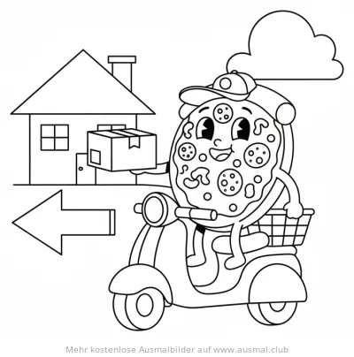 Pizza Auslieferung mit Roller und Paket Ausmalbild