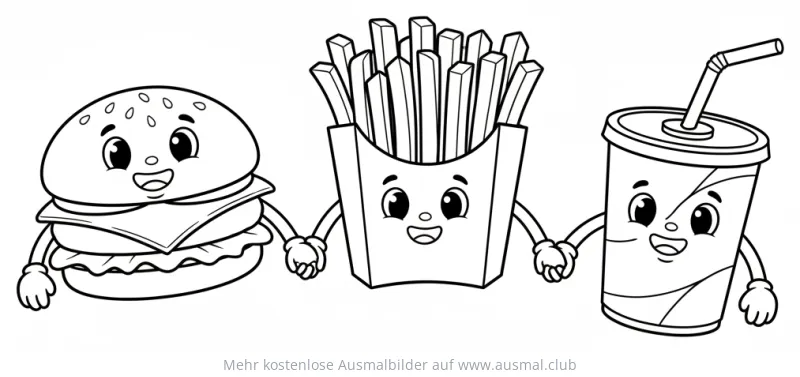 Burger, Pommes und Getränk halten Händchen Ausmalbild