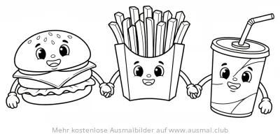 Burger, Pommes und Getränk halten Händchen Ausmalbild