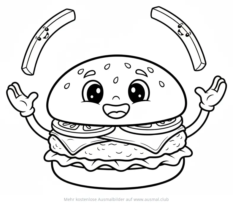 Burger jongliert Pommes Ausmalbild