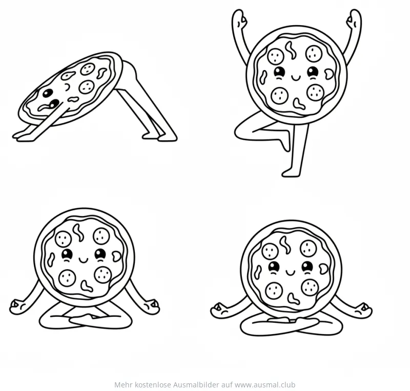 Pizza Yoga Ausmalbild mit vier Pizzen in Yoga-Posen