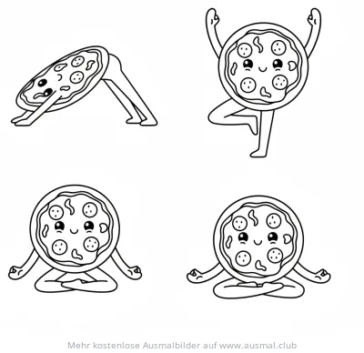 Pizza Yoga Ausmalbild mit vier Pizzen in Yoga-Posen