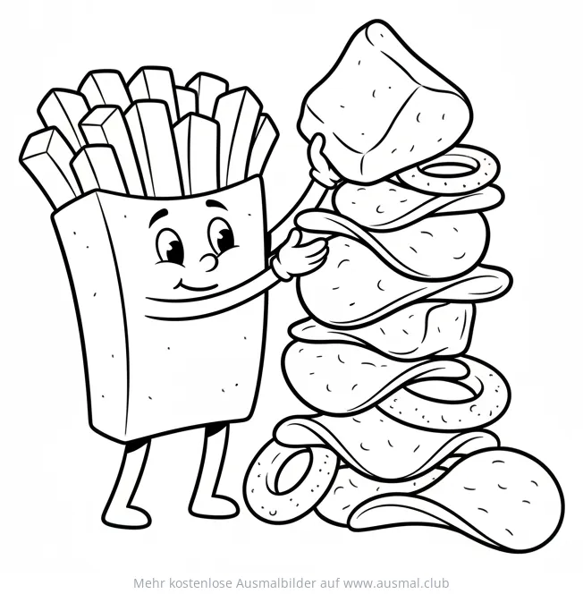 Freundlicher Pommes-Karton neben einem Snack-Turm Ausmalbild