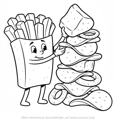 Freundlicher Pommes-Karton neben einem Snack-Turm Ausmalbild
