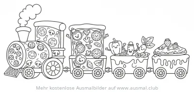 Pizza Zug Ausmalbild mit Pizza-Scheiben und Gemüse