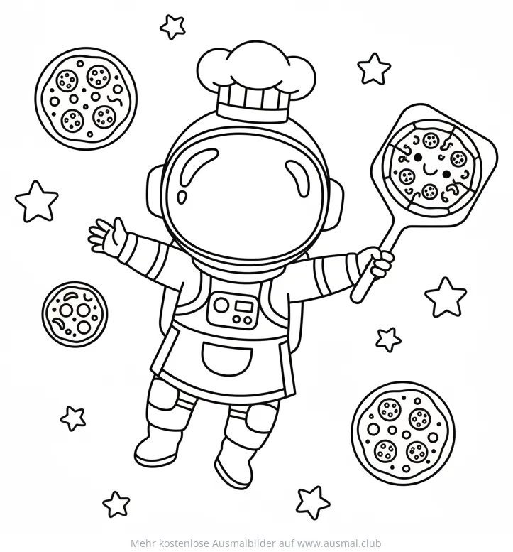Pizza Astronaut mit Pizza und Sternen Ausmalbild