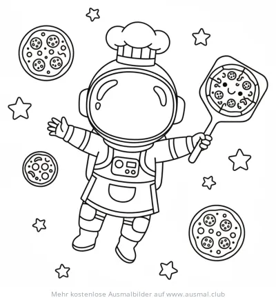 Pizza Astronaut mit Pizza und Sternen Ausmalbild