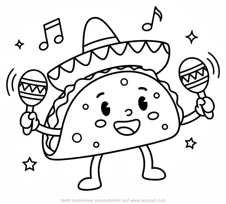 Taco mit Sombrero und Maracas Ausmalbild