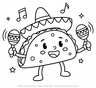 Taco mit Sombrero und Maracas Ausmalbild