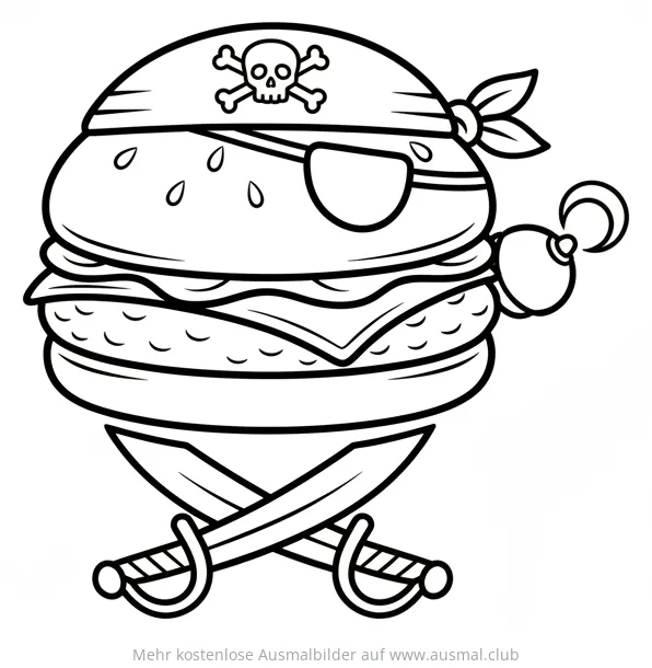 Burger Pirat Ausmalbild mit Augenklappe und gekreuzten Säbeln
