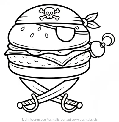 Burger Pirat Ausmalbild mit Augenklappe und gekreuzten Säbeln