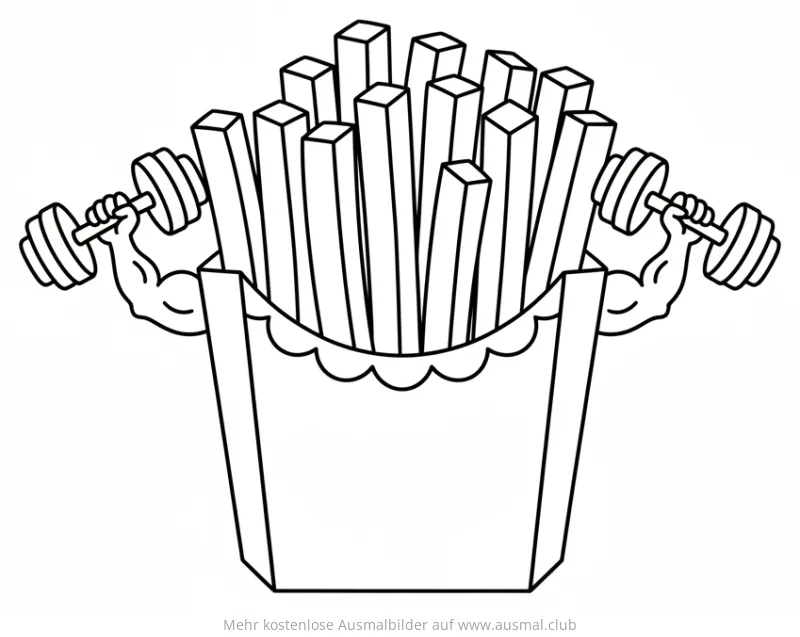 Pommes-Packung mit Muskelarmen und Hanteln Ausmalbild
