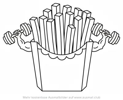 Pommes-Packung mit Muskelarmen und Hanteln Ausmalbild