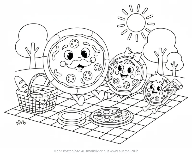 Pizza Familie beim Picknick Ausmalbild