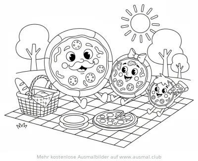 Pizza Familie beim Picknick Ausmalbild