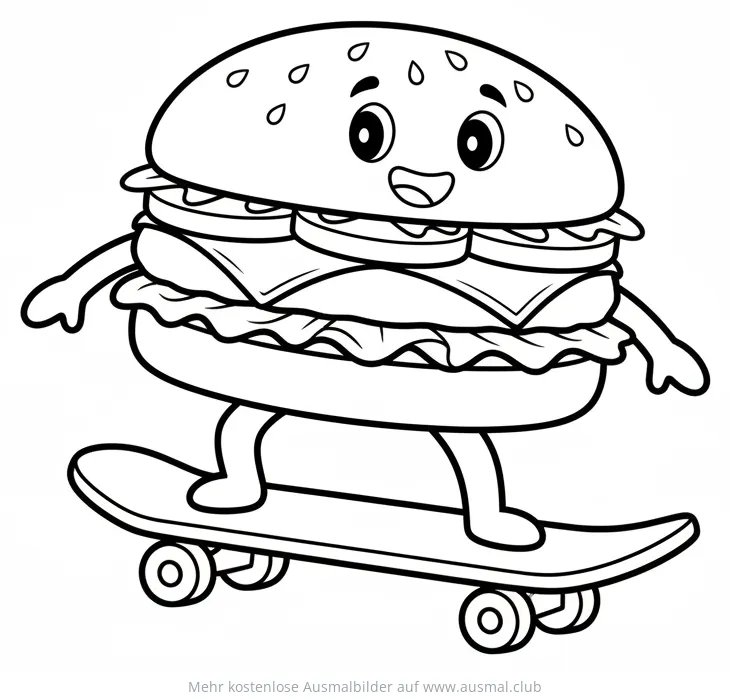 Burger mit Gesicht auf Skateboard Ausmalbild
