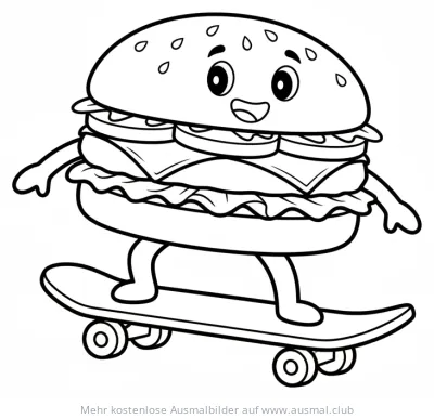 Burger mit Gesicht auf Skateboard Ausmalbild