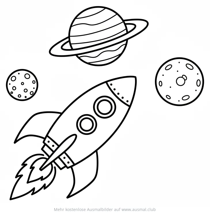 Rakete mit Planeten und Monden Ausmalbild