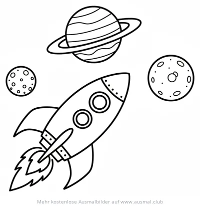 Rakete mit Planeten und Monden Ausmalbild