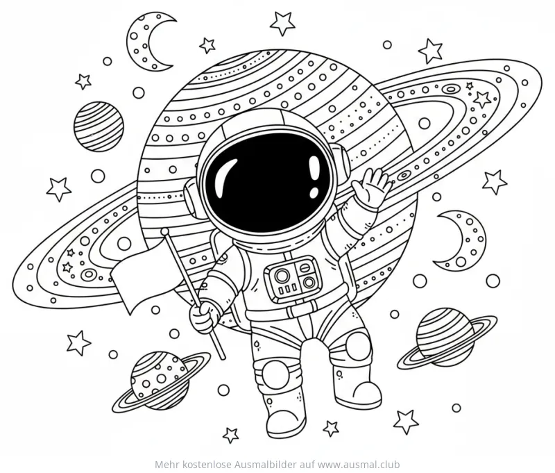 Astronaut mit Flagge vor Saturn Ausmalbild