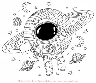 Astronaut mit Flagge vor Saturn Ausmalbild