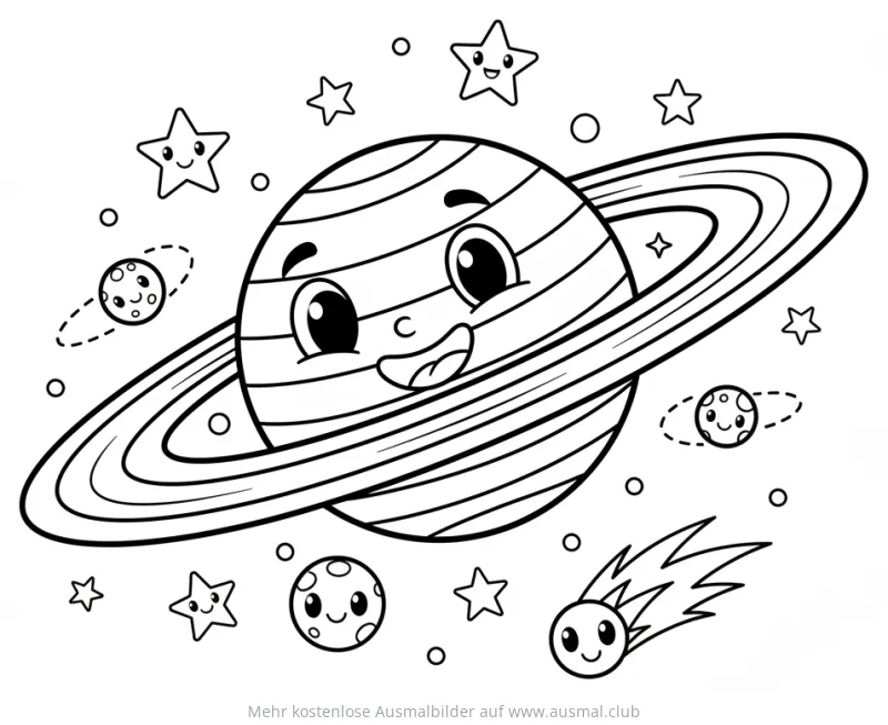 Saturn Ausmalbild mit Sternen, Monden und Kometen