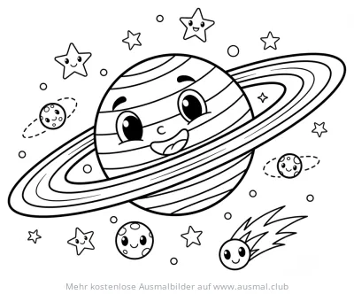 Saturn Ausmalbild mit Sternen, Monden und Kometen